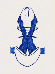 Exotic-Bondage Floral Lace Cut-Out Teddy Bodysuit With 1pair Hand Ring, Lingerie - Royal Blue - View 2