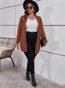 SHEIN LUNE Plus Double Pocket Drop Shoulder Cardigan - Brown - View 5