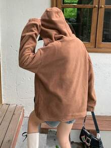 DAZY Thêu Chữ Dây kéo Thả vai Dây rút áo có mũ Lông cừu áo - Màu Khaki - Xem 2