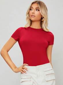 SHEIN Essnce Solid Form Fitted Bodysuit - Red - View 3