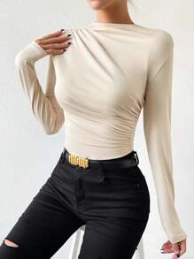 VaVaBold Solid Ruched Slim Fit Tee Bodysuit Fall Cloth For Women - Apricot - View 5