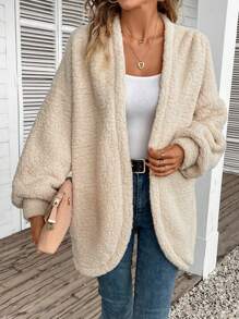 SHEIN Frenchy Thả vai Mở Mặt trước áo có mũ Áo khoác Teddy - Màu be - Xem 1