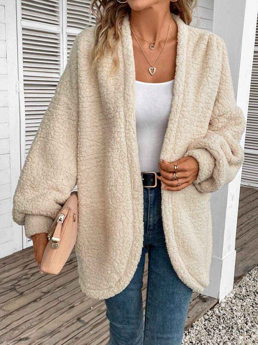 SHEIN Frenchy Thả vai Mở Mặt trước áo có mũ Áo khoác Teddy - Màu be - Xem 1