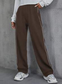 SHEIN EZwear Contrast Piping Elastic Waist Sweatpants - Coffee Brown - View 3