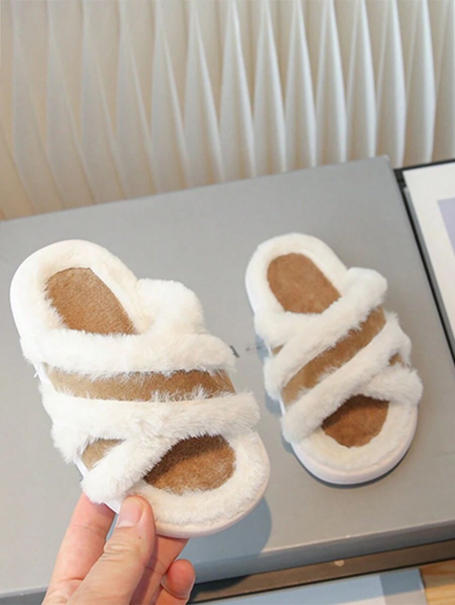 嬰兒女孩長毛絨交叉帶時尚拖鞋,秋天&冬天