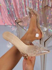 女士高跟水钻装饰浅口鞋，新款水晶高跟凉鞋，透明后跟带细高跟鞋，适合度假、婚礼、派对、万圣节活动，舒适的厚底高跟鞋，优雅 - 杏色 - 查看 6