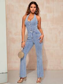 SHEIN BAE Button Front Backless Halter Neck Denim Jumpsuit - Light Wash - View 2
