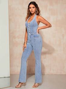 SHEIN BAE Button Front Backless Halter Neck Denim Jumpsuit - Light Wash - View 4