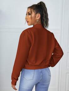 SHEIN Essnce Chất rắn Dây kéo Áo Jacket Crop - màu nâu - Xem 2