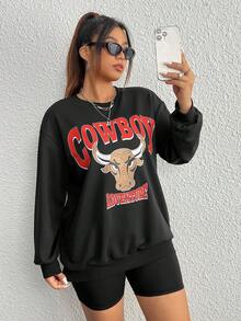 SHEIN EZwear 大碼字母圖案落肩袖運動衫 - 黑色 - 查看 4