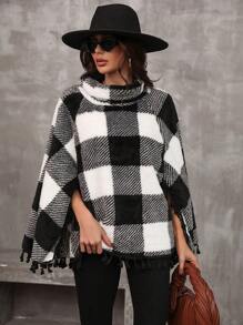 SHEIN LUNE 格紋印花流蘇邊斗篷外套 - 彩色 - 查看 4