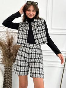 RueChic Garota Adolescente Impressão Xadrez Jaqueta Colete & Shorts