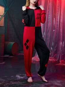 Harley Quinn | ROMWE Letter Graphic Two Tone Hooded Sleep Jumpsuit - Multicolor - View 7