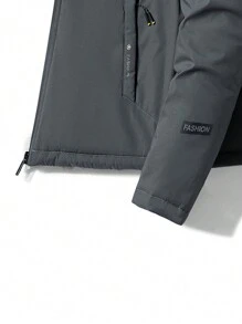 男式单件贴花细节保暖内衬连帽加厚外套 - 灰色 - 查看 4