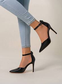 女士新款简约 PU 镂空尖头踝带高跟鞋，婚礼派对日常穿着，春秋季节纯色高跟鞋 - 黑色 - 查看 3