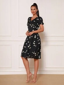 Modphy 花卉印花泡泡袖连衣裙