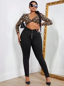 SHEIN SXY Plus Size Plain Color Button Fly Skinny Pants - Black - View 6