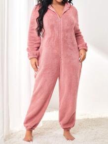 Hơn Giáng sinh Thiết kế tai 3D áo có mũ Dây kéo mặt trước Flannel Bộ đồ ngủ - Bụi hồng - Xem 3