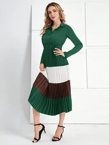 EMERY ROSE 撞色百褶腰帶襯衫洋裝 - 墨綠色 - 查看 3