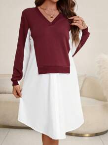 SHEIN 孕婦雙色假兩件洋裝 - 酒紅色 - 查看 1