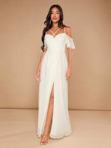 SHEIN Belle Cold Shoulder Split Thigh Bridesmaid Dress - Beige - View 6