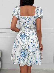 EURMUSE 女士甜心领短泡泡袖印花束腰连衣裙