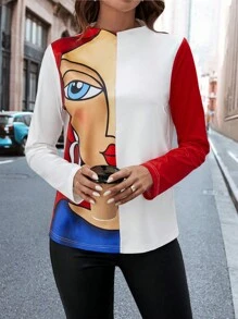 SHEIN Clasi Figure Graphic Mock Neck Tee - Multicolor - View 5