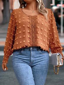 SHEIN Clasi Plus Swiss Dot Guipure Lace Insert Lantern Sleeve Blouse - Brown - View 3