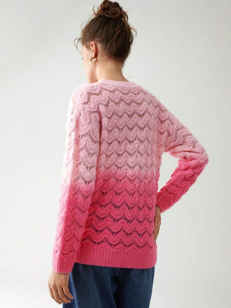 Ombre Pointelle Knit Drop Shoulder Knit Pullover Fall Winter Sweater