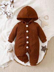 SHEIN 男嬰前紐扣連帽連身褲 - 杏色 - 查看 1