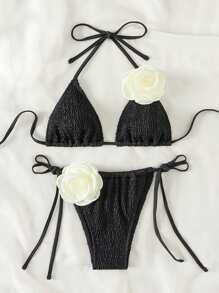 SHEIN Swim 刺繡露背三角形綁帶比基尼套裝 - 黑色 - 查看 1