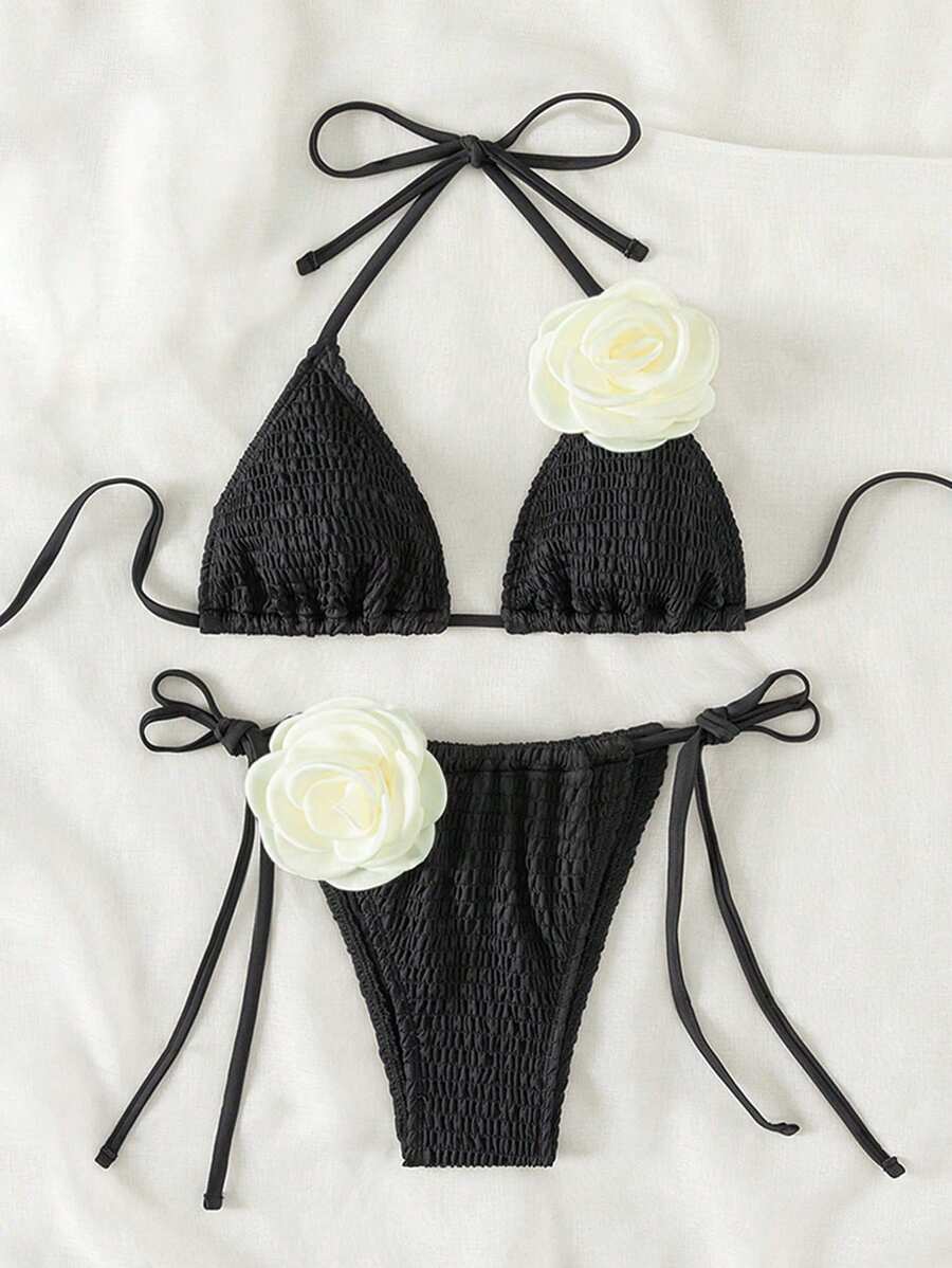 SHEIN Swim 刺繡露背三角形綁帶比基尼套裝 - 黑色 - 查看 1