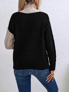 SHEIN LUNE Two Tone Cable Knit Drop Shoulder Sweater - Multicolor - View 2