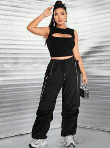 Allurite Plus Cut Out Front Crop Tank Knit Top - Black - View 6