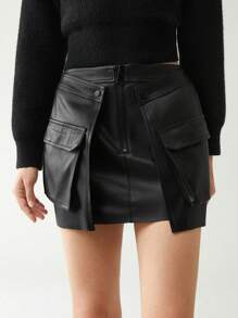 Anewsta 翻蓋口袋拉鏈門襟PU皮革半身裙 - 黑色 - 查看 2