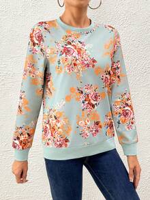 SHEIN LUNE Floral Print Round Neck Sweatshirt - Mint Green - View 5