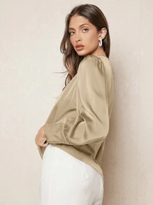 BizChic Solid Button Front Lantern Sleeve Satin Top - Apricot - View 8