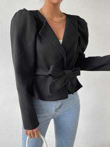 SHEIN Privé Cổ áo thác nước Ống tay áo Thắt lưng Áo khoác - màu đen - Xem 6