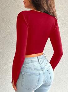 EURMUSE Cut Out Front Crop Tee - Red - View 2