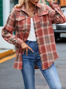 休閒口袋 前紐扣格子女士襯衫