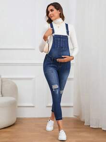 SHEIN 孕婦1入組破洞牛仔背帶褲 - 中等水洗藍 - 查看 5