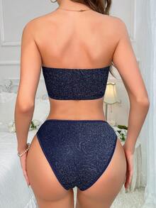 Glitter Chain Linked Bandeau Lingerie Set - Navy Blue - View 2