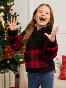 SHEIN 圣诞节女童水牛格纹袋鼠口袋落肩泰迪熊卫衣 - 黑色 - 查看 3