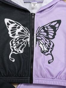 SHEIN 女大童雙色蝴蝶圖案連帽衫和運動褲 - 黑色 - 查看 4