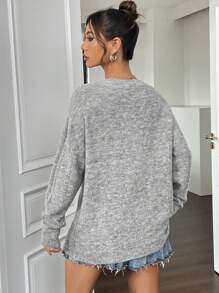 Flirla Space Dye Drop Shoulder Ripped Curved Hem Knit Pullover Fall Winter Sweater - Dark Grey - View 2