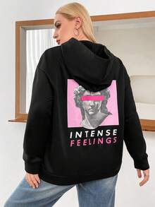 Flirla 大码雕塑字母图案落肩套头卫衣，秋季卫衣 - 黑色 - 查看 2