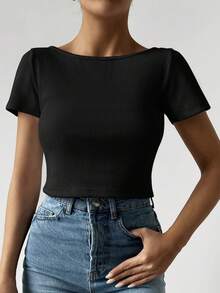 RueChic Chất rắn Không lưng Áo phông Crop - màu đen - Xem 4