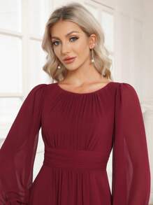 Elegant Chiffon Round Neck Lantern Sleeve Long Sleeve Burgundy Bridesmaid Dress, Wedding Guest Dress For Women Spring - Burgundy - View 6