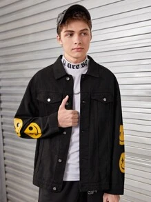 SHEIN 青少年男孩卡通圖案翻蓋細節牛仔夾克