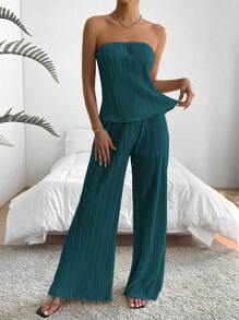 SHEIN Privé Solid Plisse Tube Top & Wide Leg Pants - Cadet Blue - View 5